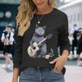 ミュージシャン ロシアンブルー猫 ギタリスト 猫とギター 長袖Tシャツ 彼女への贈り物