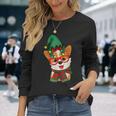 メリークリスマス かわいいオタクウェールズコーギー エルフの帽子とスカーフ付き 長袖Tシャツ 彼女への贈り物