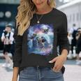 レインボーギャラクシー 宇宙に乗るサメに乗る猫 長袖Tシャツ 彼女への贈り物
