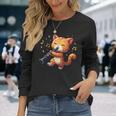 猫好きのためのかわいい猫のデザイン 猫がクラリネットを弾く 長袖Tシャツ 彼女への贈り物