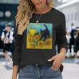面白いゴッホのひまわり、猫のミーム、黒猫のアート。 長袖Tシャツ 彼女への贈り物