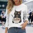 おもしろ猫 食べる 麺 ラーメン 日本猫 食べる 麺 長袖Tシャツ 彼女への贈り物