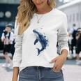 クジラ 水彩 海洋 動物 海の生物 青くじら デザイン 長袖Tシャツ 彼女への贈り物