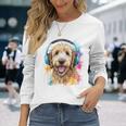 ゴールデンドゥードル、ヘッドフォン、犬、動物プリント 長袖Tシャツ 彼女への贈り物
