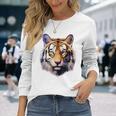 タイガー アニマル プリント グラフィック デッサン アートワーク フェイス トラ 長袖Tシャツ 彼女への贈り物