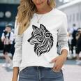 トライバルウルフ ポリネシア部族 マオリ柄 オオカミ 長袖Tシャツ 彼女への贈り物