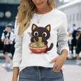 ヌードルキャット黒猫ラーメンデザイン 長袖Tシャツ 彼女への贈り物