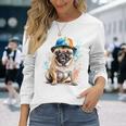 パグ、スナップバック キャップ、犬、カラフル、面白い、動物プリント 長袖Tシャツ 彼女への贈り物