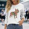 フレンチ ブルドッグ フラワー フローラル フレンチ ドッグ シルエット 犬 ペット 長袖Tシャツ 彼女への贈り物