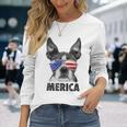 ボストン・テリア 7月4日 メリカ メンズ レディース アメリカ国旗 長袖Tシャツ 彼女への贈り物