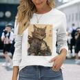 ヴィンテージ 日本の風景 侍 猫 漢字 Art Back 長袖Tシャツ 彼女への贈り物