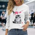 日本の墨絵マンチキン猫 桜 桜アート 長袖Tシャツ 彼女への贈り物