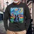 Aja 星月夜に2匹の黒猫 カラフルアート 長袖Tシャツ 高齢者への贈り物