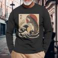 Catzilla 日本の波 ヴィンテージ 夕日 面白い 猫 アート 長袖Tシャツ 高齢者への贈り物