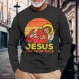 Jesus Has Your Back 柔術 レトロ クリスチャン 長袖Tシャツ 高齢者への贈り物