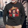 Long Haired Curvy Mexican Chibi Zarape Roses Mexican Pride 長袖Tシャツ 高齢者への贈り物
