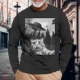 Ufo と面白い猫のセルフィー 長袖Tシャツ 高齢者への贈り物