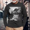 Ufo付き面白い猫セルフィー 長袖Tシャツ 高齢者への贈り物