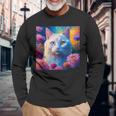 「お花畑のルディ猫」 油絵風ファンタジーアート 綺麗 かわいい オッドアイ リアル 長袖Tシャツ 高齢者への贈り物