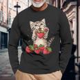 いちご 猫 いちご フルーツ ネコ アニマル プリント 図面 長袖Tシャツ 高齢者への贈り物