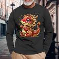 かわいい かわいい 赤 金 龍 中国 旧正月 縁起物 長袖Tシャツ 高齢者への贈り物