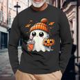 かわいいおばけを飲むかぼちゃスパイス ゴーストハロウィンコスチューム 長袖Tシャツ 高齢者への贈り物