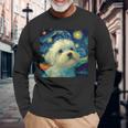 かわいいマルチーズドッグ 星月夜 ヴィンセント・ヴァン・ゴッホ絵画 長袖Tシャツ 高齢者への贈り物