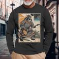 エレキギターを弾く日本の侍猫 浮世墨アート 長袖Tシャツ 高齢者への贈り物