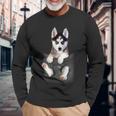 シベリアンハスキー ポケットの子犬 長袖Tシャツ 高齢者への贈り物
