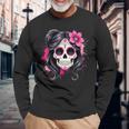 スタイリッシュなマゼンタ サクラ ムエルテ スカルデザイン Dia De Los Muertos 長袖Tシャツ 高齢者への贈り物