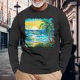 トロピカルビーチ 太陽 オーシャン ヤシの木 ゴッホスタイル アートデザイン 長袖Tシャツ 高齢者への贈り物