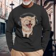 ヘッドフォン付き猫 ミーム 長袖Tシャツ 高齢者への贈り物