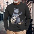 ミュージシャン ロシアンブルー猫 ギタリスト 猫とギター 長袖Tシャツ 高齢者への贈り物