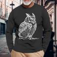 ラインアート 鳥・鳥類学者 オオツノフクロウ 長袖Tシャツ 高齢者への贈り物