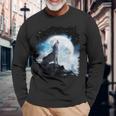 宇宙空間 オオカミ 月に遠吠えするオオカミ 長袖Tシャツ 高齢者への贈り物
