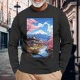 寺と富士山のある日本の風景 長袖Tシャツ 高齢者への贈り物