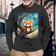 愛らしいレッサーパンダとティーカップの星月夜イラスト 長袖Tシャツ 高齢者への贈り物