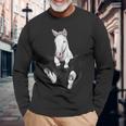 愛らしい白い馬のポケット 長袖Tシャツ 高齢者への贈り物