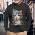 煙草を吸うネコ 猫 たばこ ねこ 長袖Tシャツ 高齢者への贈り物