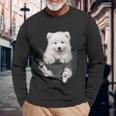 犬好きの方へのギフト サモエド ポケットに入った面白い犬の顔 長袖Tシャツ 高齢者への贈り物