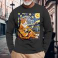 面白いレトロなデザインの猫がギターを弾く 星月夜 長袖Tシャツ 高齢者への贈り物