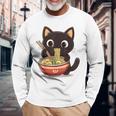 ヌードルキャット黒猫ラーメンデザイン 長袖Tシャツ 高齢者への贈り物