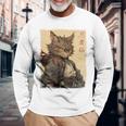 ヴィンテージ 日本の風景 侍 猫 漢字 Art Back 長袖Tシャツ 高齢者への贈り物