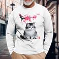 日本の墨絵マンチキン猫 桜 桜アート 長袖Tシャツ 高齢者への贈り物