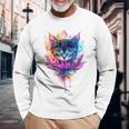 猫 花 カラフル かわいい アート 動物好き グラフィック 猫 長袖Tシャツ 高齢者への贈り物