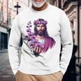 紫の蘭を持つイエス 長袖Tシャツ 高齢者への贈り物