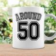 【バックプリント・背中側】Around 50 アラフィフ（五十歳 50才）ユニフォーム風 50代 誕生日プレゼント 面白 コーヒーマグ ギフトのアイデア
