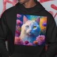 「お花畑のルディ猫」 油絵風ファンタジーアート 綺麗 かわいい オッドアイ リアル パーカー 面白い贈り物