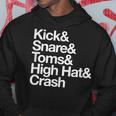 キック&スネア&トムズ&ハイハット&クラッシュドラムセットテキスト パーカー 面白い贈り物