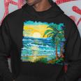 トロピカルビーチ 太陽 オーシャン ヤシの木 ゴッホスタイル アートデザイン パーカー 面白い贈り物